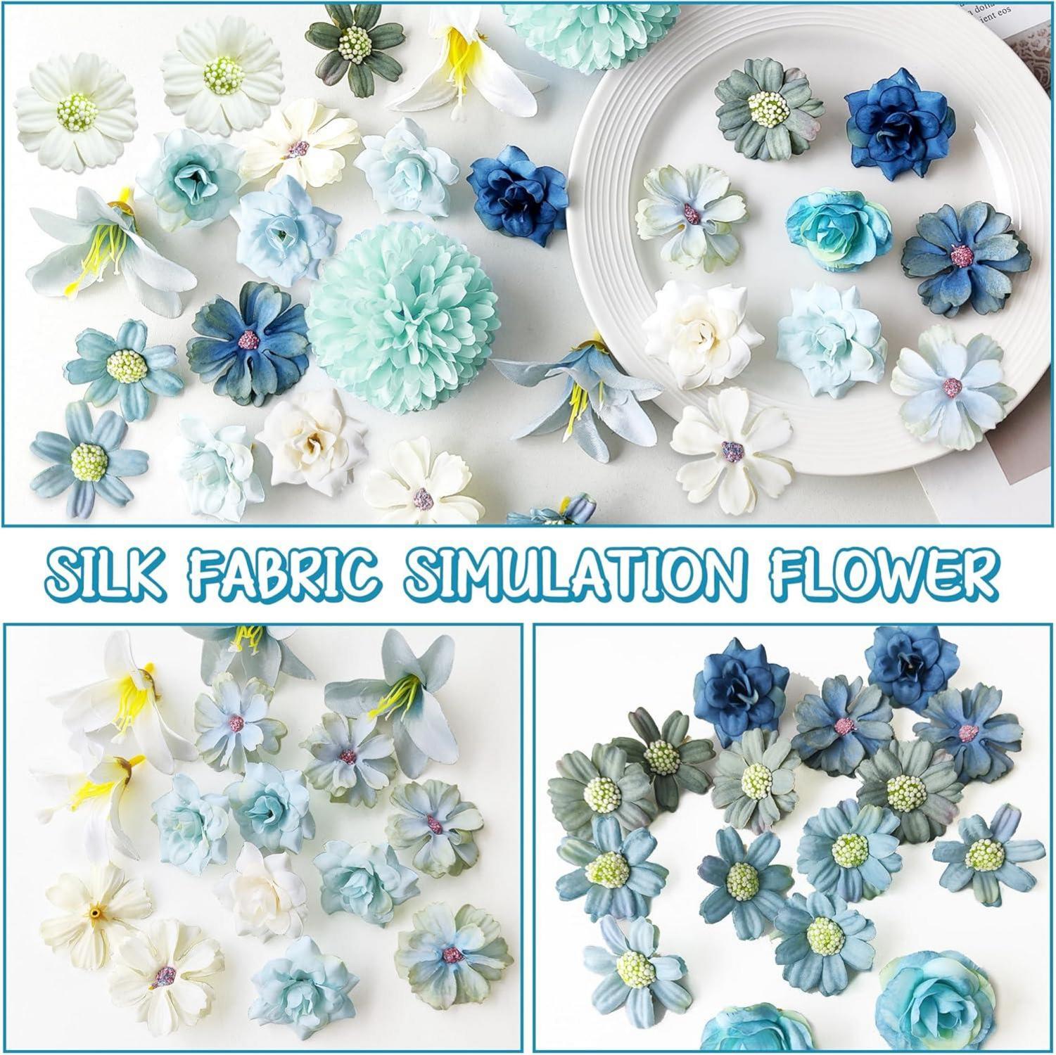 34 Stück Mini Blumenköpfe Basteln Blau Seidenblumen 4-7cm