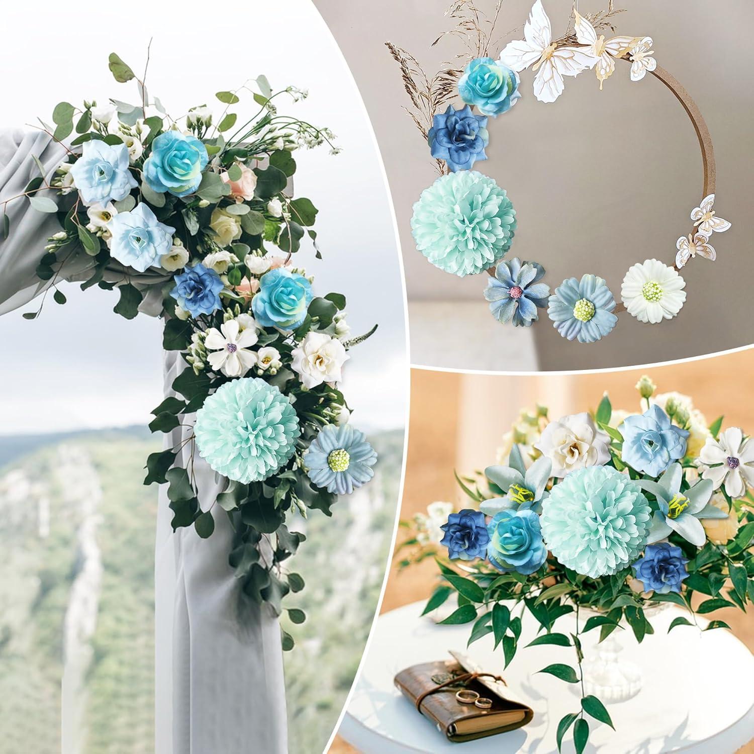 Kunstblumen Set 34-teilig Blau Hortensien Rosen Deko 4-7cm