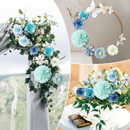 Kunstblumen Set 34-teilig Blau Hortensien Rosen Deko 4-7cm