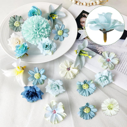 34 Mini Kunstblumen Blau 4-7cm Deko Seidenblumen ROLLWAY