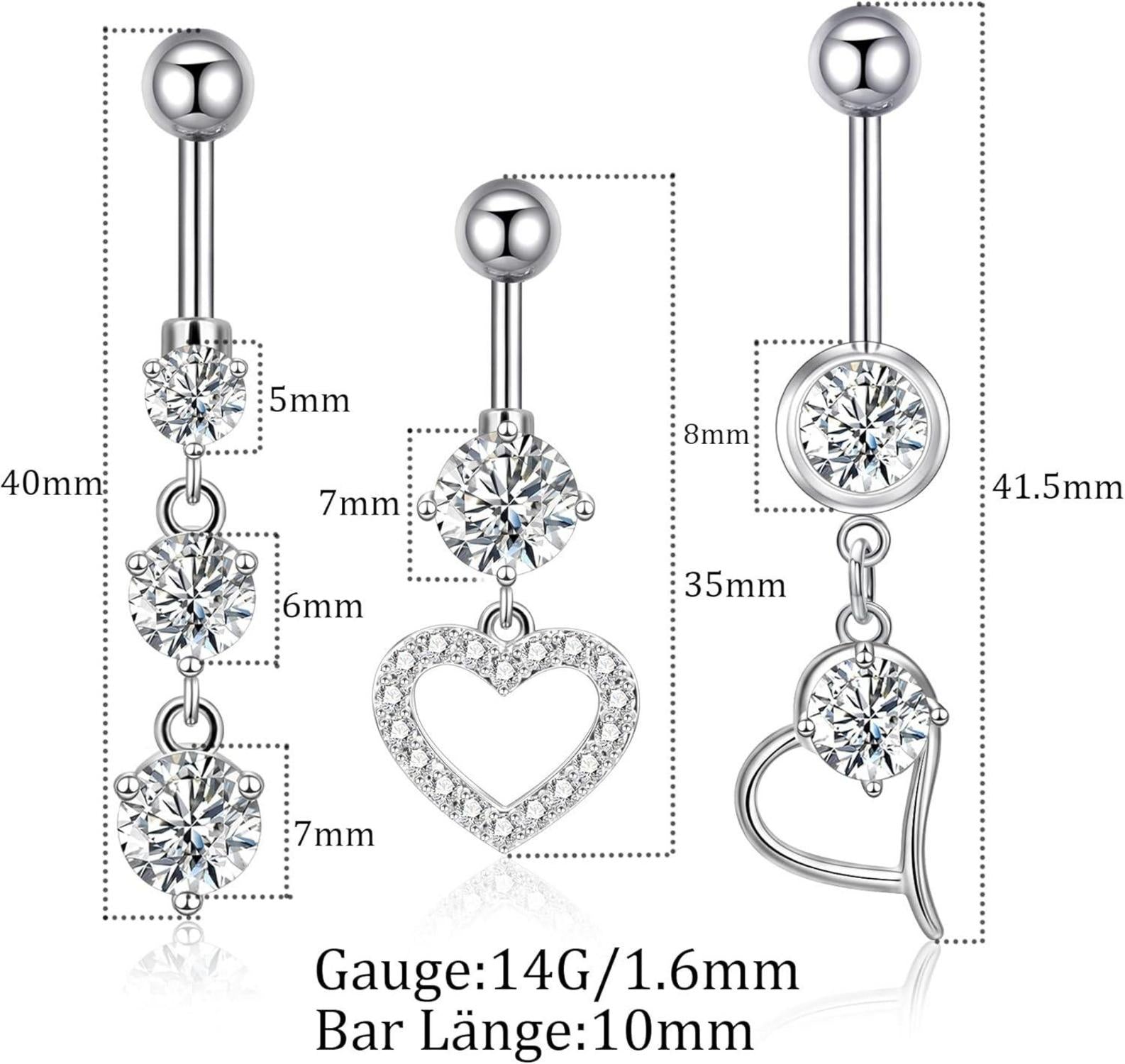 Bauchnabelpiercing Set Zirkonia Herz 316L Chirurgenstahl 14G 10mm