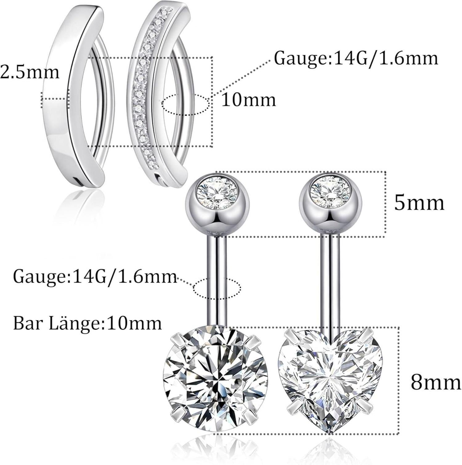 Bauchnabelpiercing Set 316L Chirurgenstahl 14G Zirkonia Herz 10mm