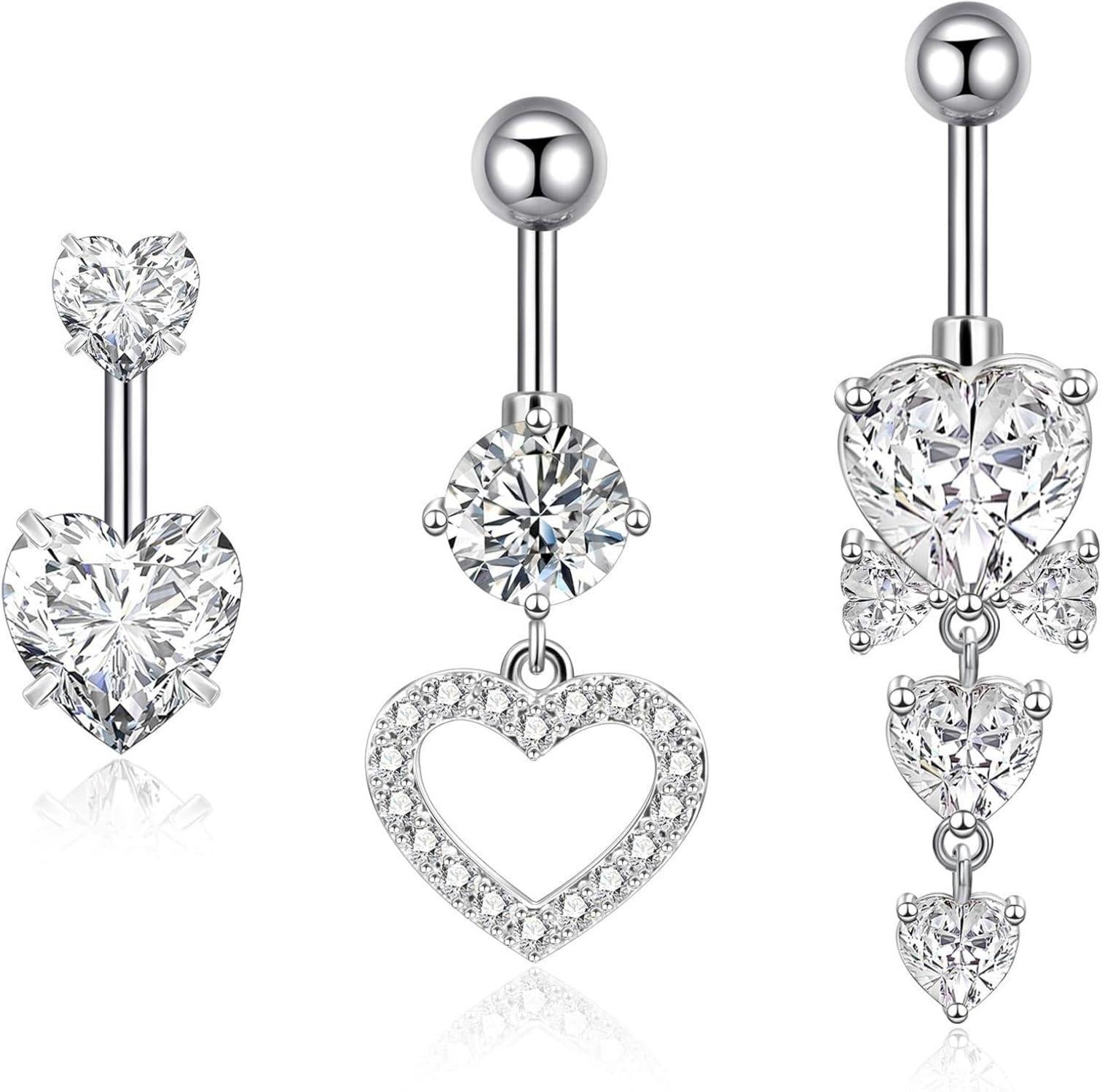 Bauchnabelpiercing Set 316L Chirurgenstahl 14G Zirkonia Herz Hängend