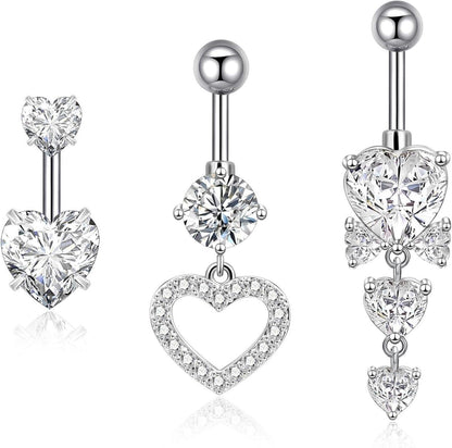 Bauchnabelpiercing Set 316L Chirurgenstahl 14G Zirkonia Herz Hängend