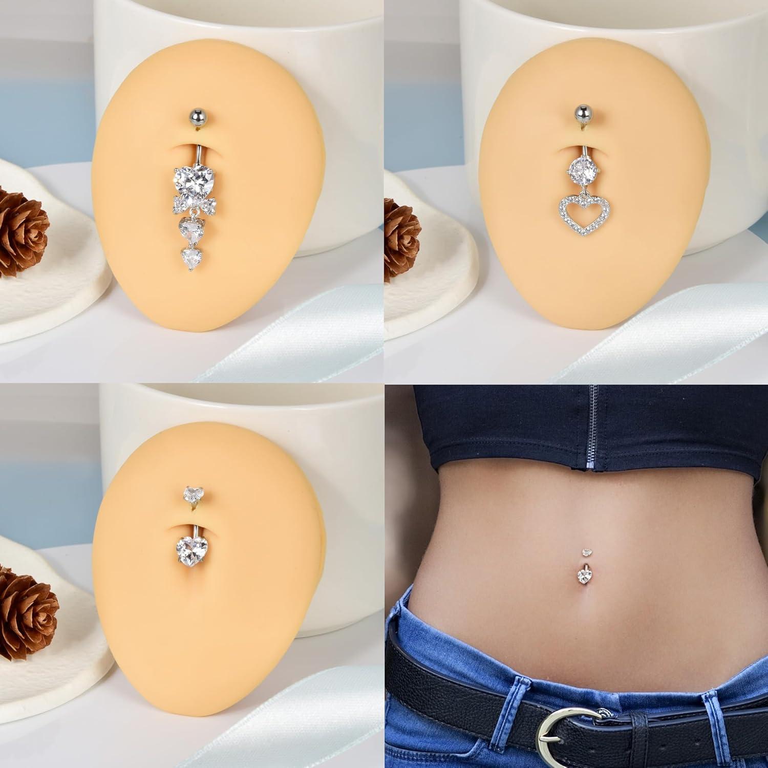 Bauchnabelpiercing Set 316L Chirurgenstahl 14G Zirkonia Herz Hängend