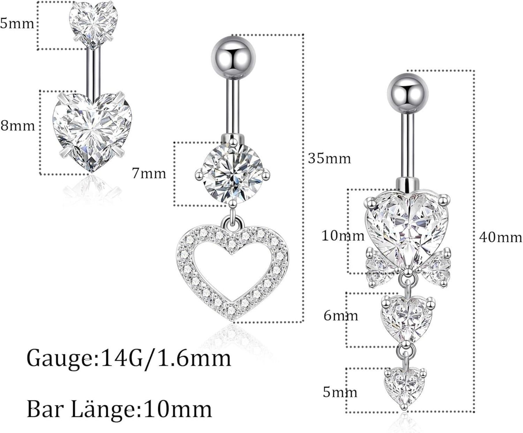 Bauchnabelpiercing Set 3er Herz Zirkonia Chirurgenstahl 14G