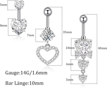 Bauchnabelpiercing Set 3er Herz Zirkonia Chirurgenstahl 14G
