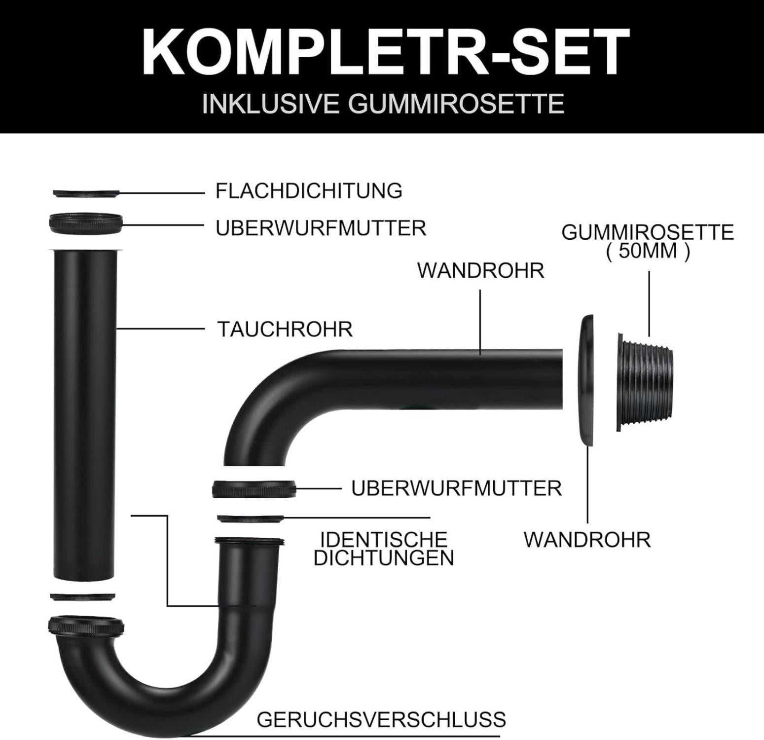 Universal Siphon für Waschbecken & Waschtisch, Ablaufgarnitur Geruchsverschluss inkl. Gummimanschette