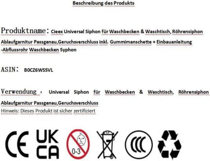 Universal Siphon für Waschbecken & Waschtisch, Ablaufgarnitur Geruchsverschluss inkl. Gummimanschette