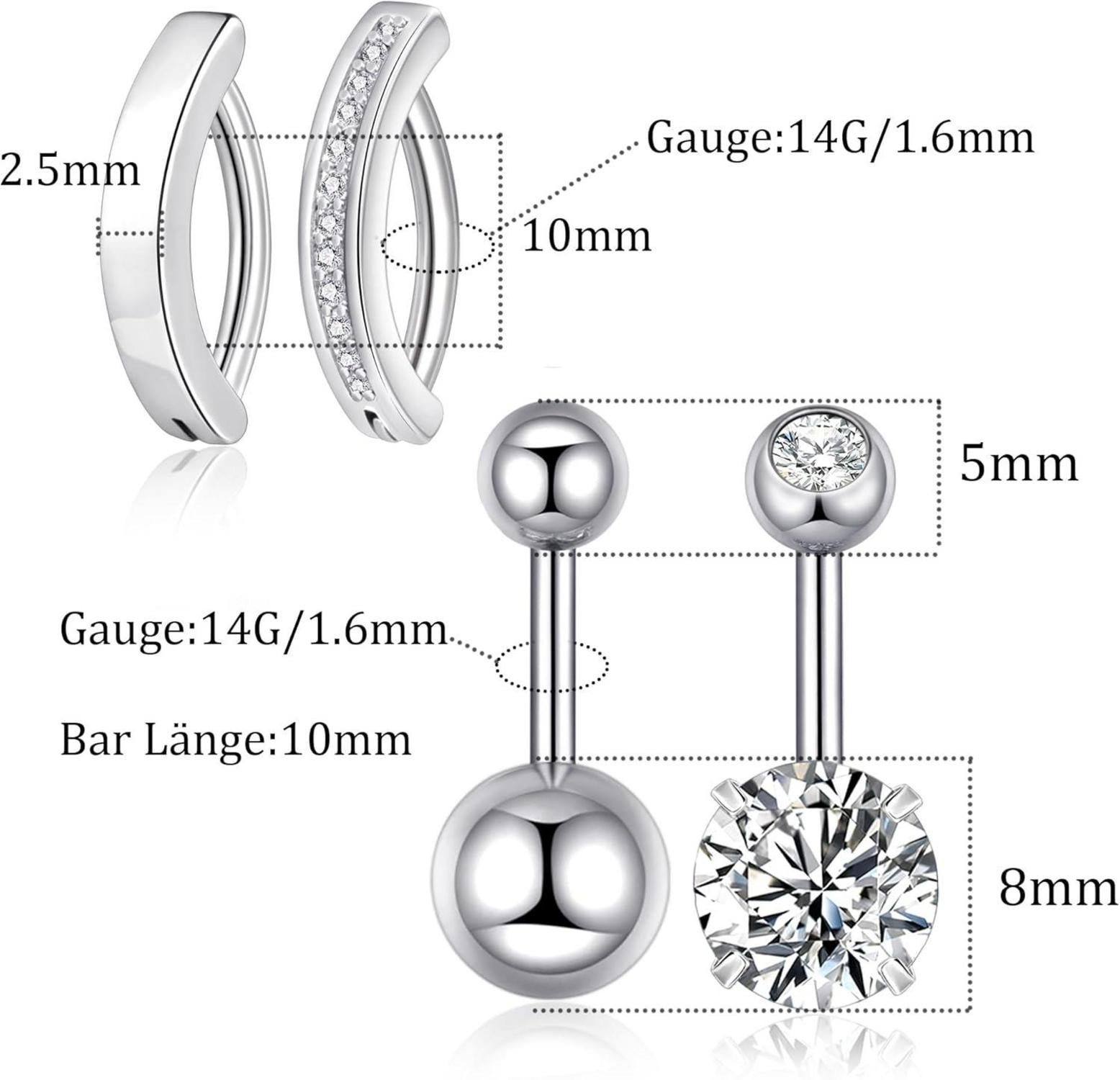 Bauchnabelpiercing Set Edelstahl Zirkonia Herz 14G 10mm Damen Herren