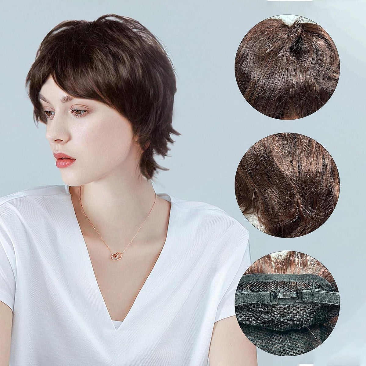 Kurze Pixie Perücke Damen Dunkelbraun mit Pony