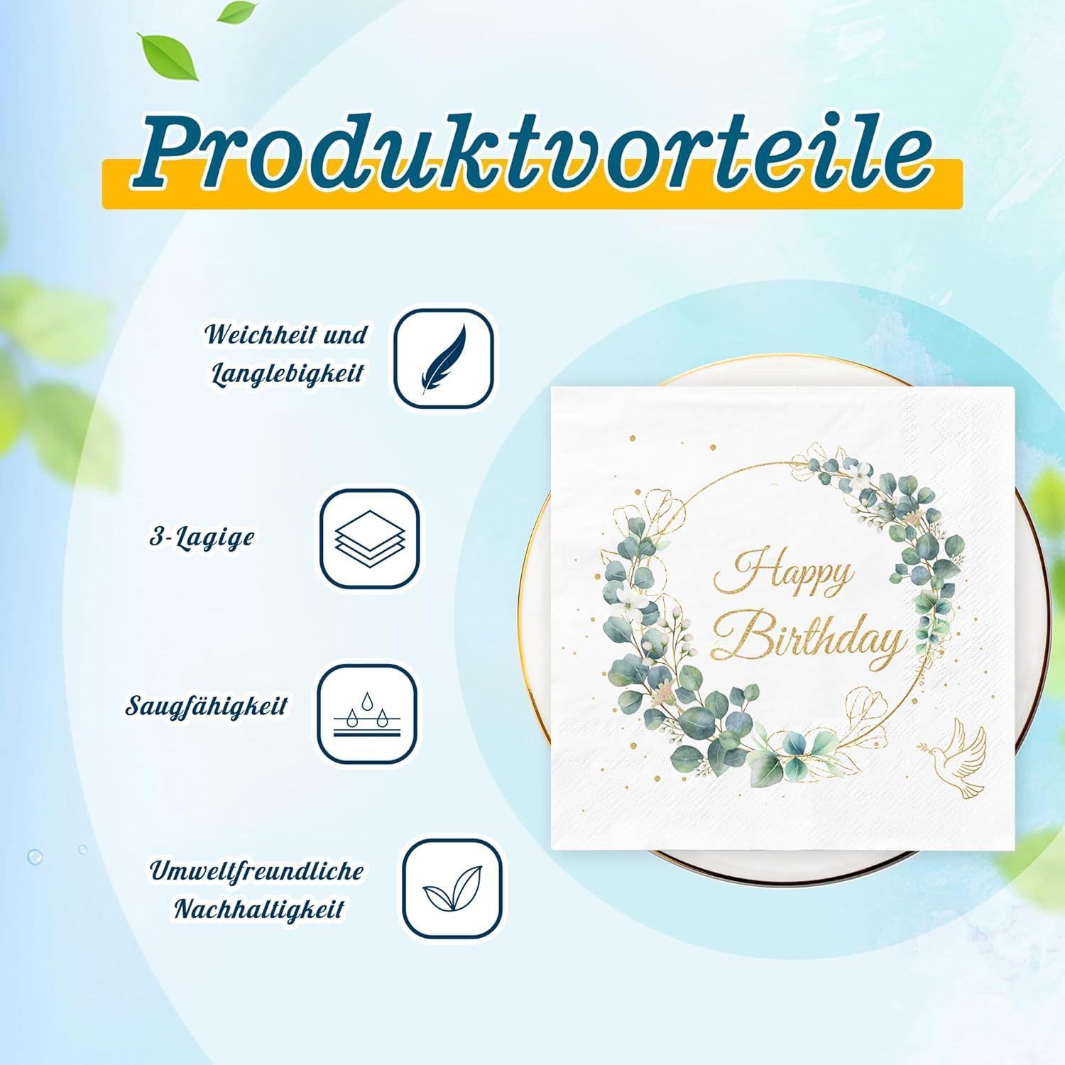3-lagige Happy Birthday Servietten Eukalyptus Grün (40