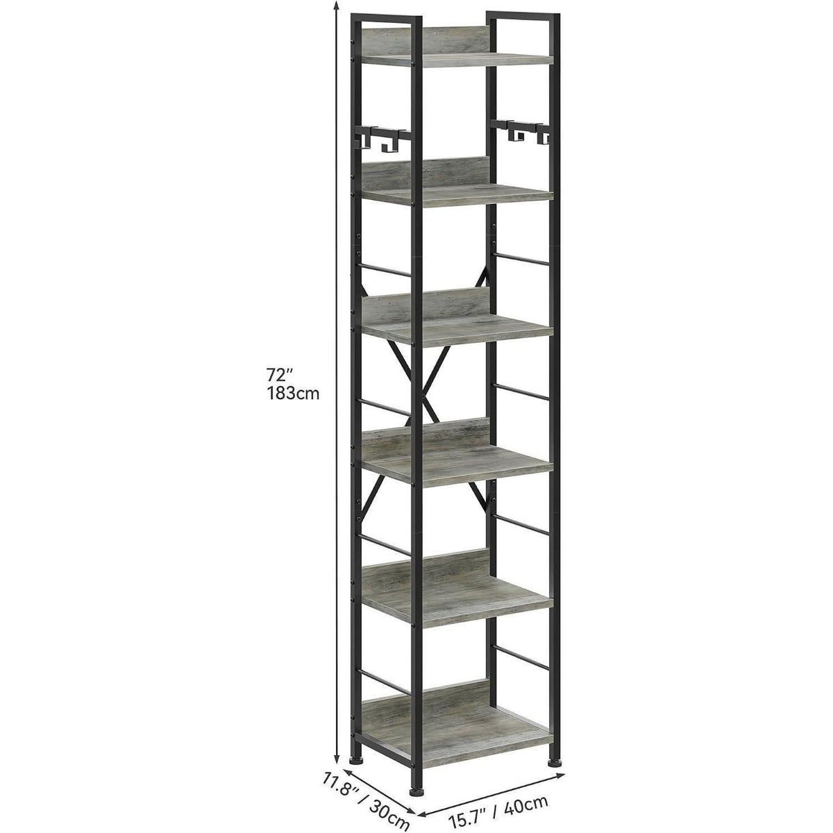 Bücherregal 6-Ebenen, Industriell, Graues Standregal mit Haken