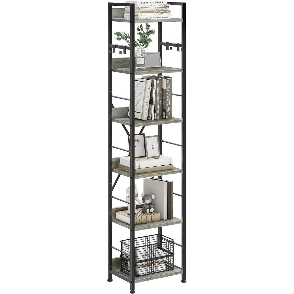 Bücherregal 6-Ebenen, Industriell, Graues Standregal mit Haken