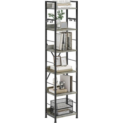 Bücherregal 6-Ebenen, Industriell, Graues Standregal mit Haken