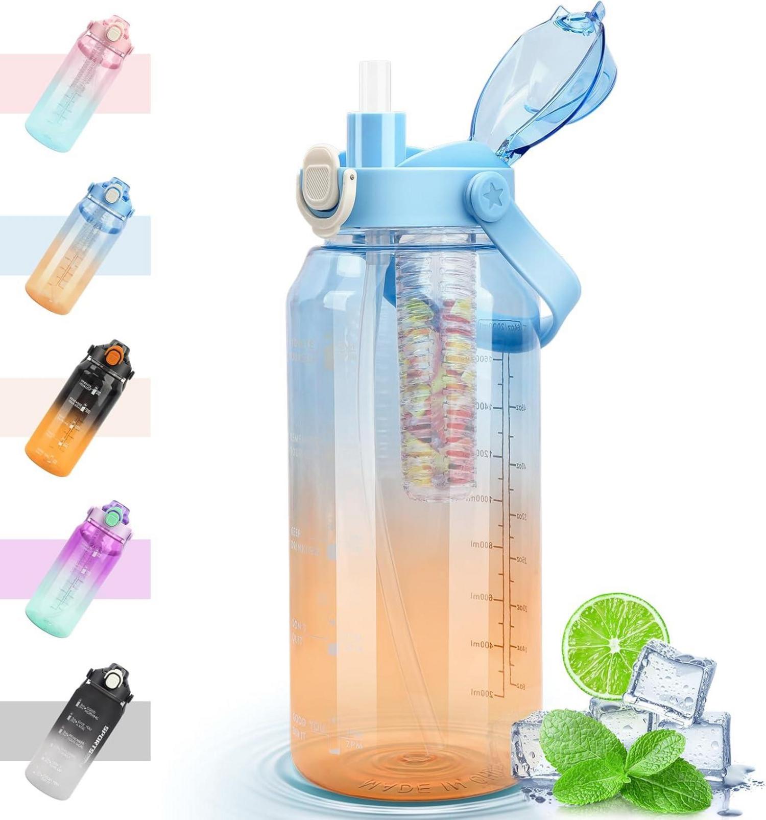 Sport Trinkflasche 2L mit Strohhalm und Früchtebehälter, Blau