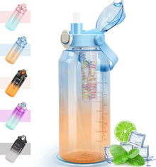 Sport Trinkflasche 2L mit Strohhalm und Früchtebehälter, Blau