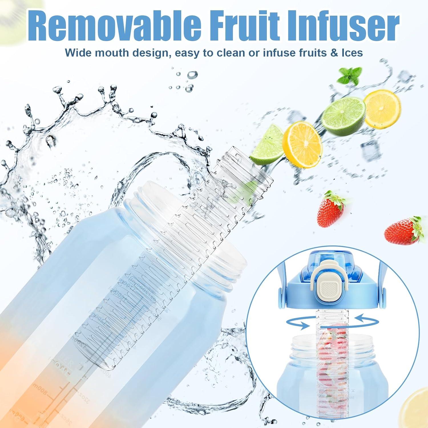 Sport Trinkflasche 2L mit Strohhalm und Früchtebehälter, Blau