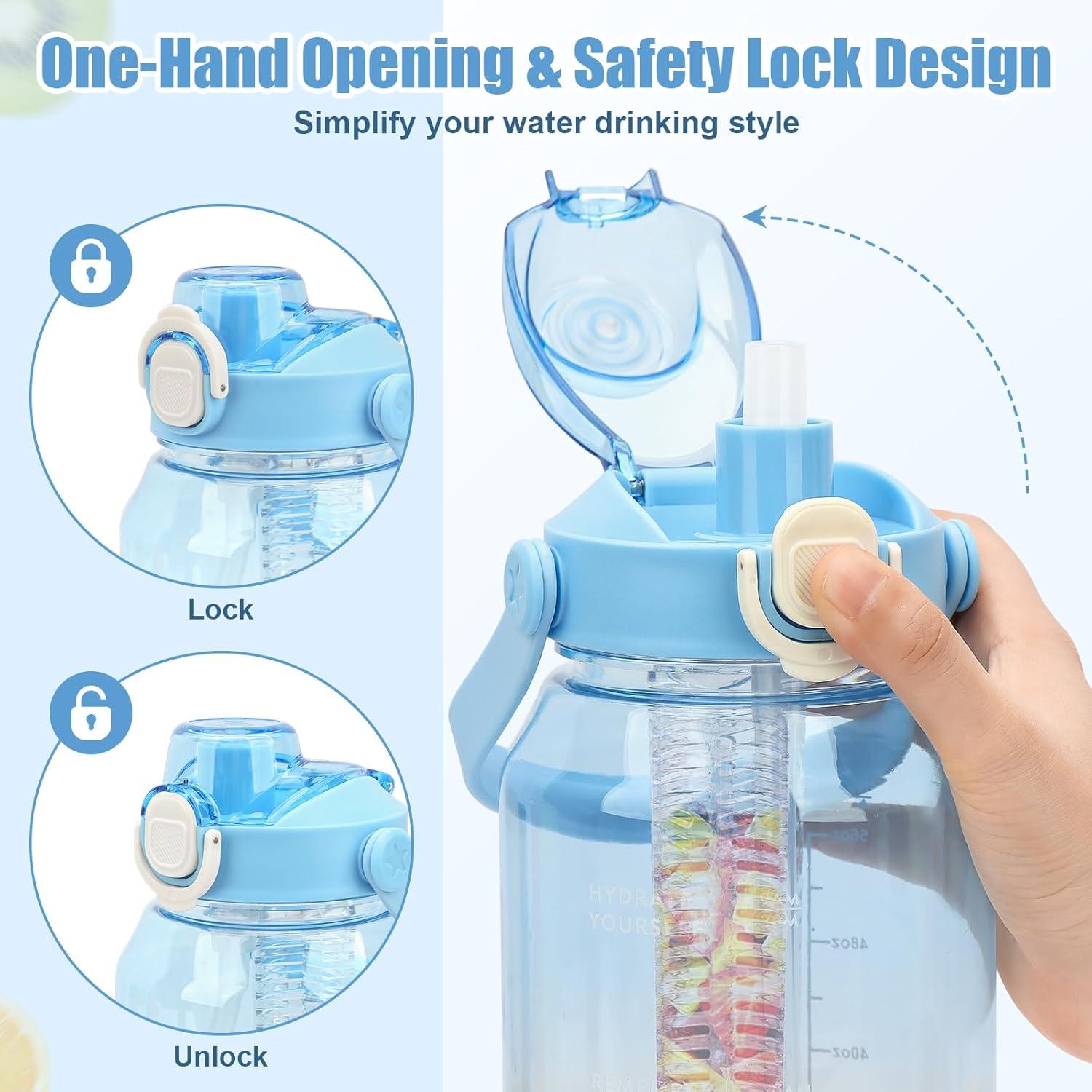 2L Sport Wasserflasche mit Strohhalm und Früchtebehälter, Auslaufsicher, BPA-frei, blau