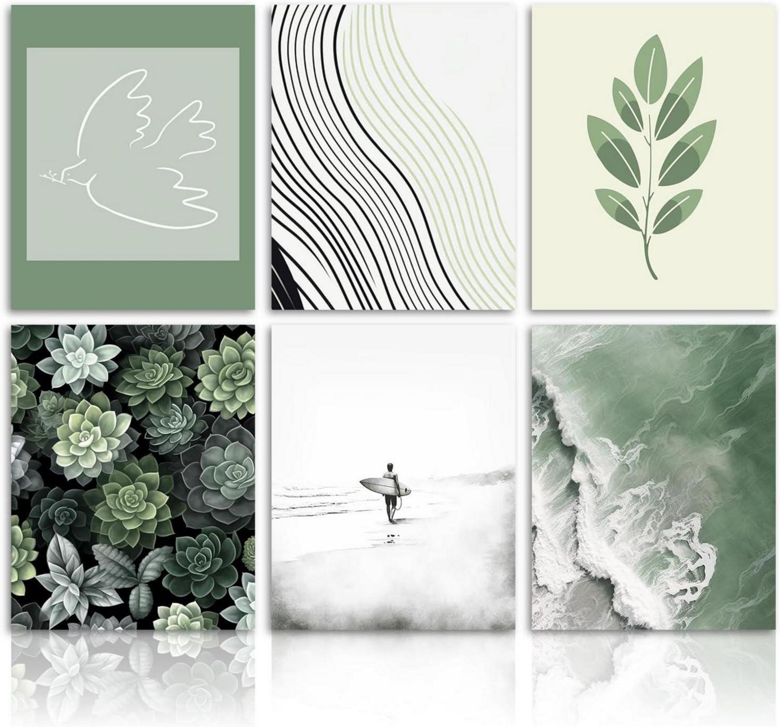 Dazzlewall Strand Wandbilder 6er Set Grün Abstrakt Leinwand 20x25cm