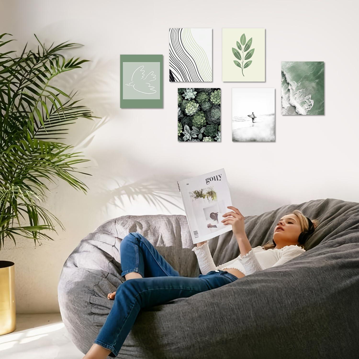 Dazzlewall Strand Wandbilder 6er Set Grün Abstrakt Leinwand 20x25cm