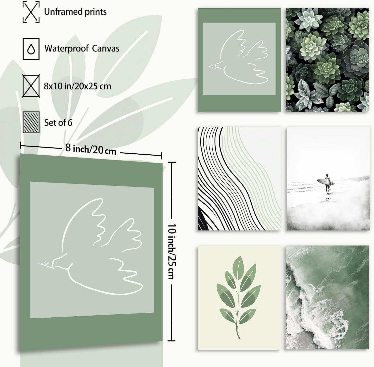 Strand Wandbilder Set Salbei Grün Botanische Drucke 6er 20x25cm