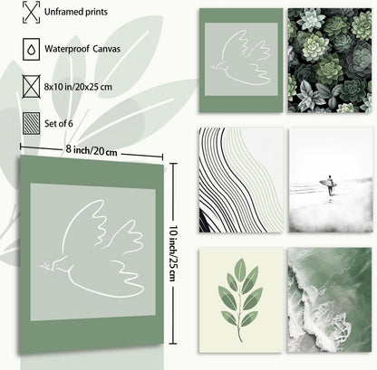 Strand Wandbilder Set Salbei Grün Botanische Drucke 6er 20x25cm