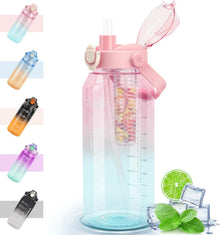 Fitness Trinkflasche 2L mit Strohhalm und Früchtebehälter, Rosa