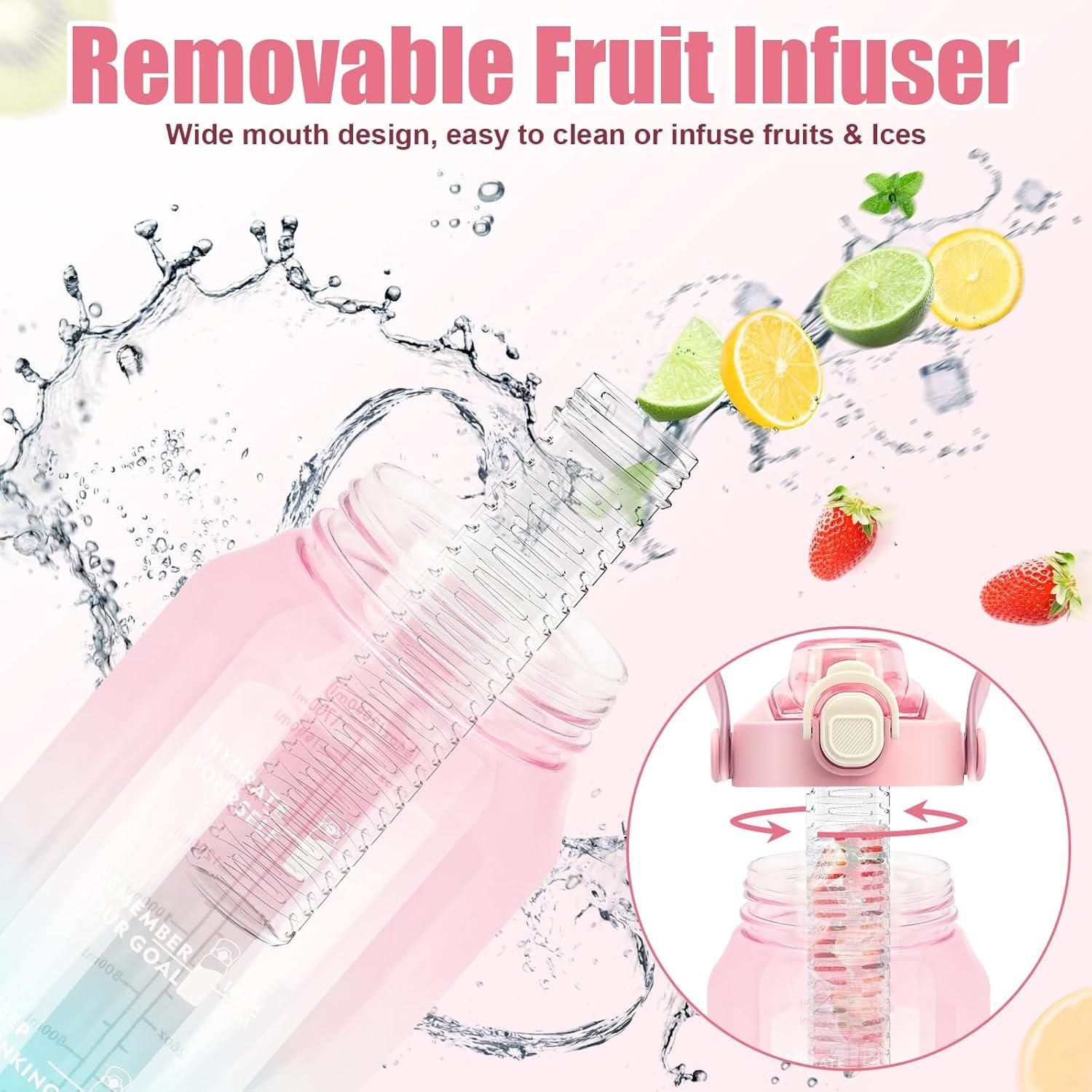 Trinkflasche 2L Sport Wasserflasche mit Strohhalm & Früchtebehälter, Auslaufsicher BPA-Frei Fitness Rosa