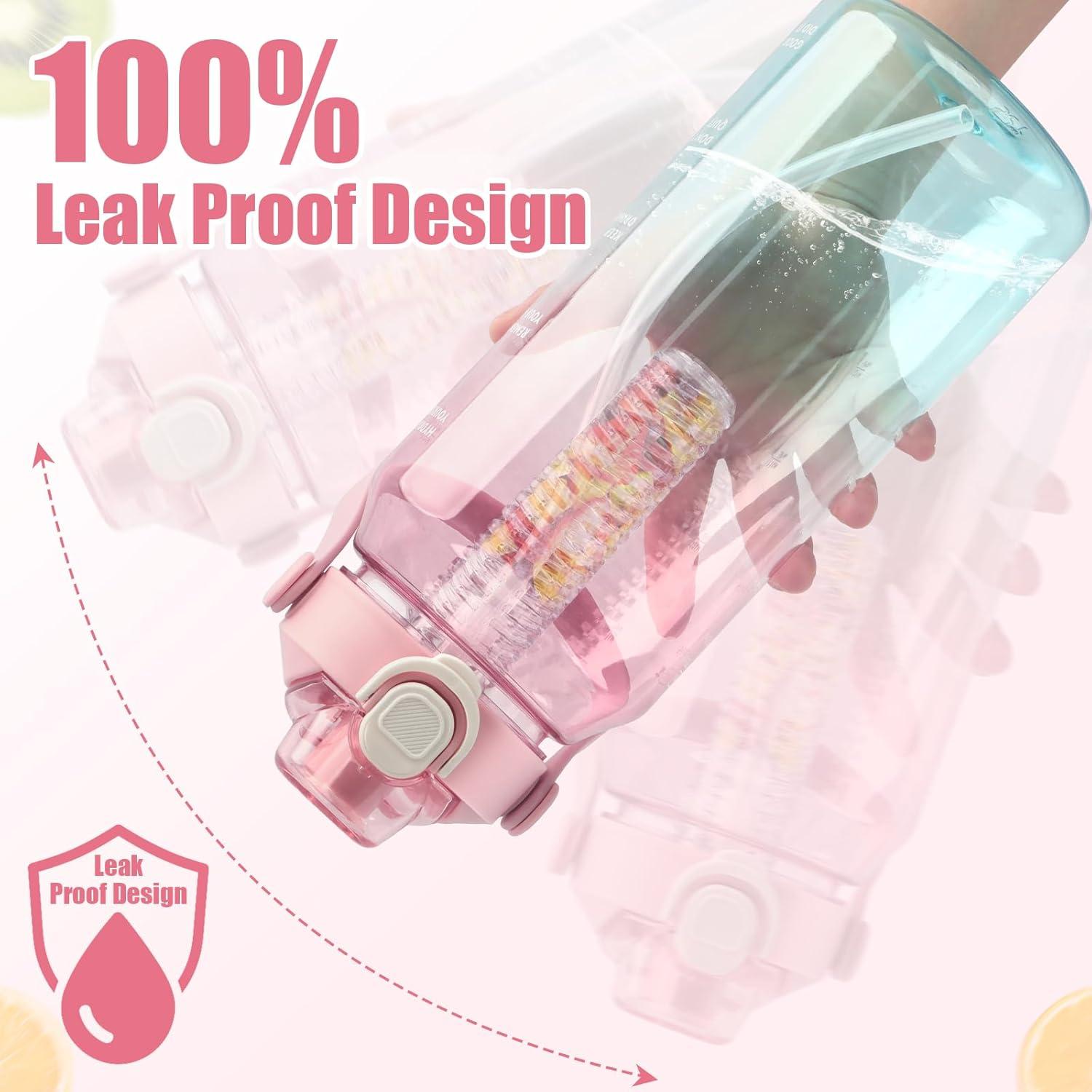 Sport Trinkflasche 2L mit Strohhalm, Früchtebehälter, Zeitmarkierungen