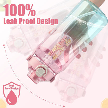 Sport Trinkflasche 2L mit Strohhalm, Früchtebehälter, Zeitmarkierungen