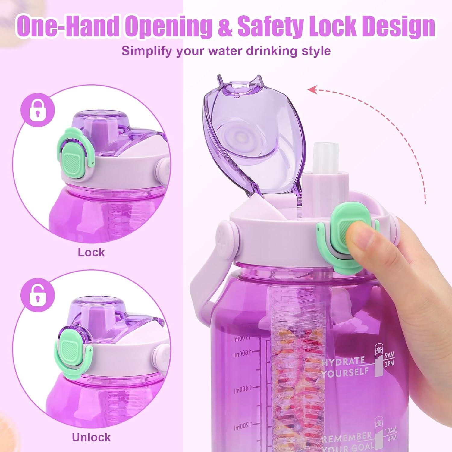 Große Sport-Trinkflasche 2L mit Strohhalm, Früchtebehälter, Zeitmarkierungen - BPA-frei, Violett