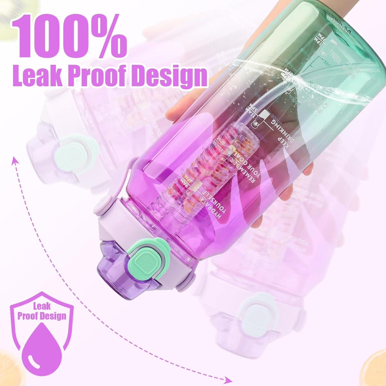 Sport Trinkflasche 2L mit Strohhalm Früchtebehälter Zeitmarkierungen