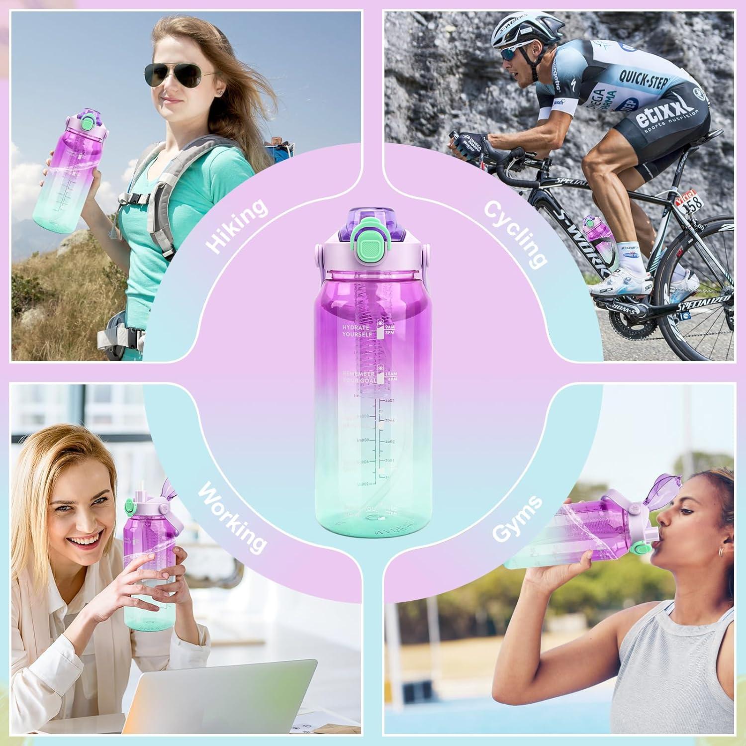 Sport Trinkflasche 2L mit Strohhalm Früchtebehälter Zeitmarkierungen