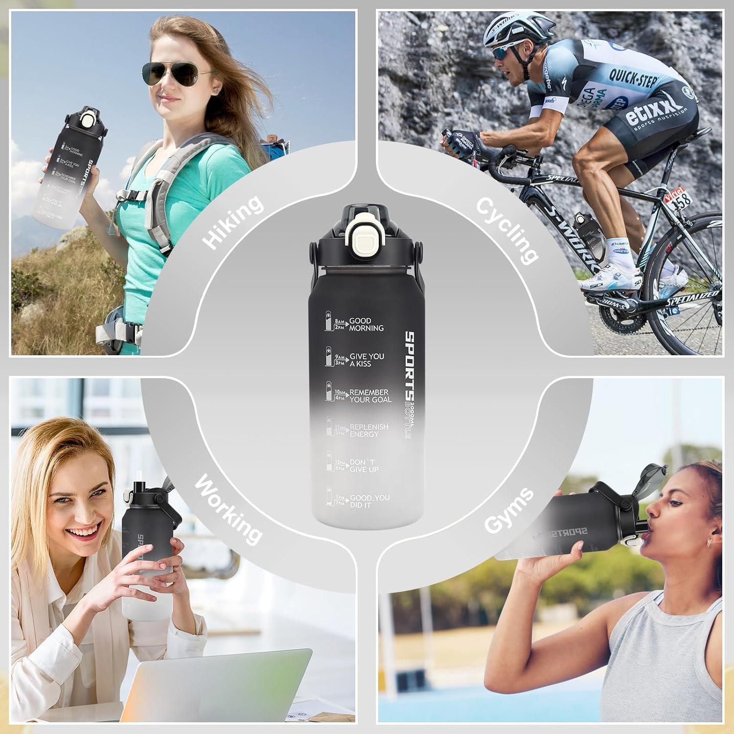 Große 2L Sport Trinkflasche Strohhalm Früchtebehälter Zeitmarkierungen Schwarz