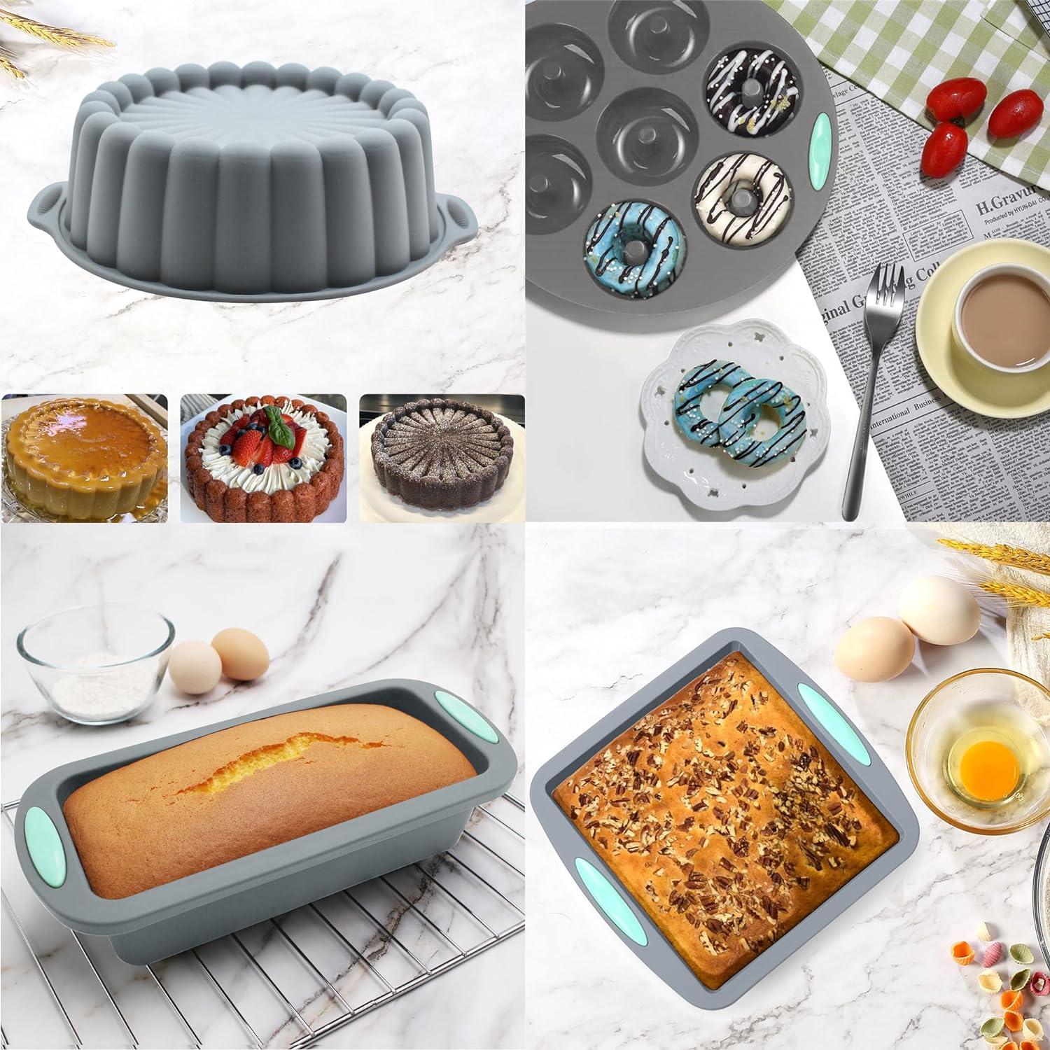 49-teiliges Silikon Backform Set, BPA-frei, Antihaft, Backformen für Kuchen, Brot, Muffins, mit Messbechern & Löffeln, hellgrau