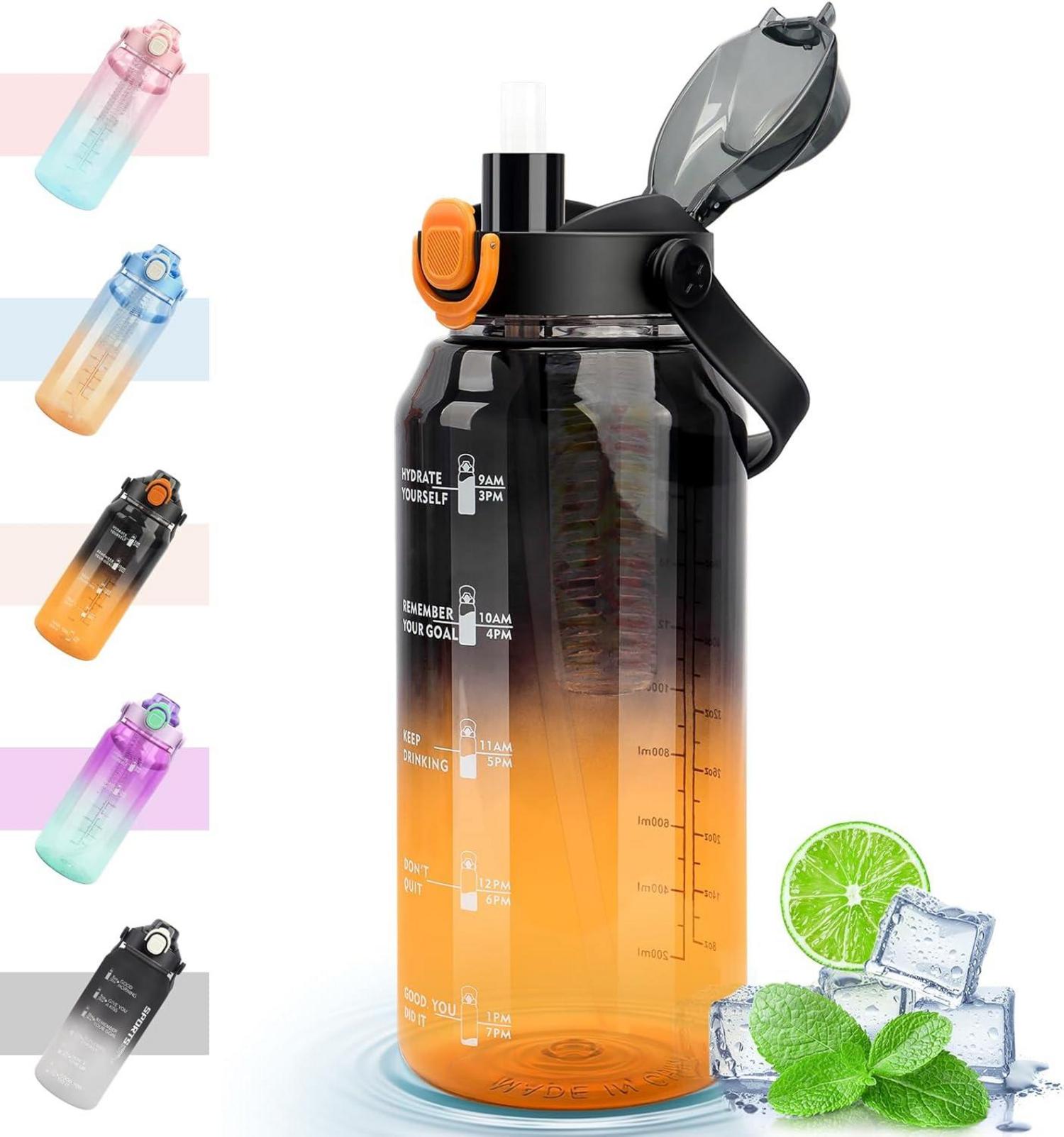 Große Sport Trinkflasche 2L mit Strohhalm, Früchtebehälter