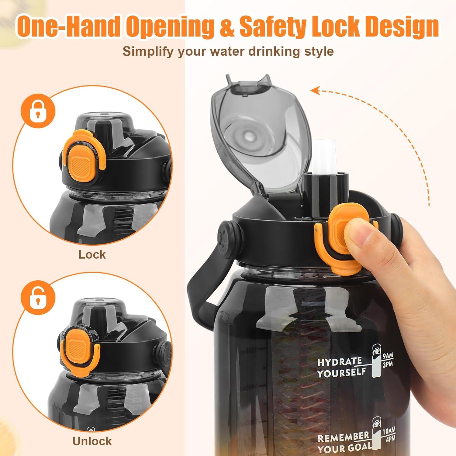 MOMSIV Trinkflasche 2L Sport Wasserflasche mit Strohhalm Früchtebehälter Zeitmarkierungen Schwarz