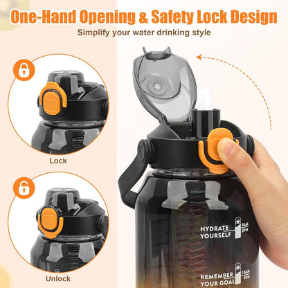 MOMSIV Trinkflasche 2L Sport Wasserflasche mit Strohhalm Früchtebehälter Zeitmarkierungen Schwarz