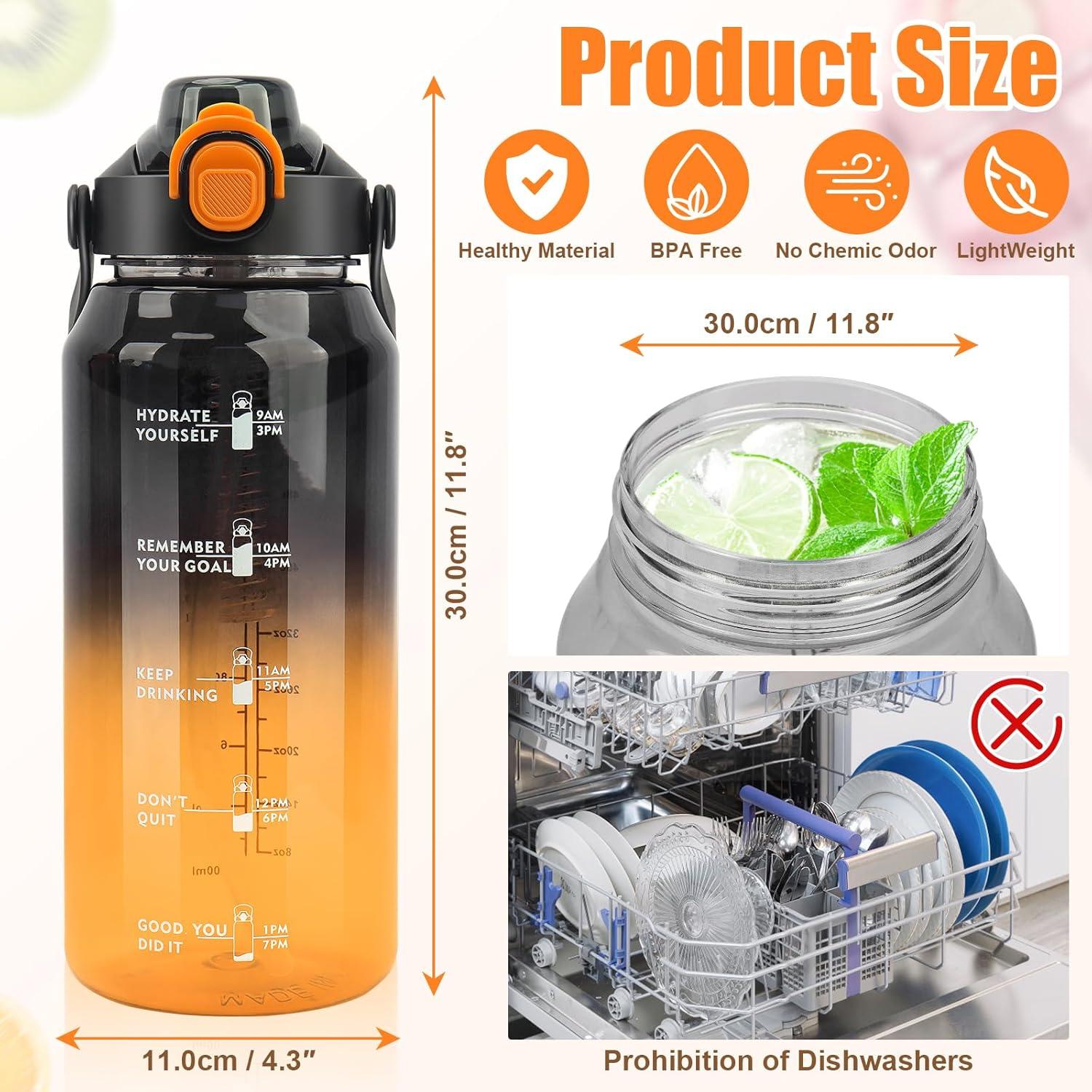 Sport Trinkflasche 2L mit Strohhalm, Früchtebehälter, Zeitmarkierungen