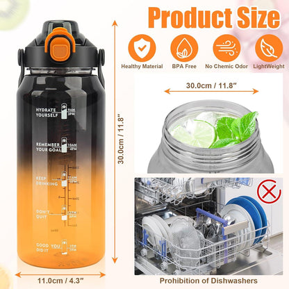 Sport Trinkflasche 2L mit Strohhalm, Früchtebehälter, Zeitmarkierungen