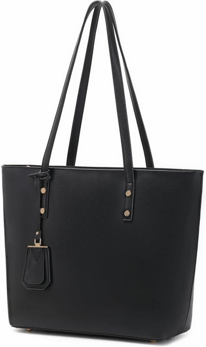 Weiches Leder Damen Tote Tasche mit Reißverschluss - Schwarz