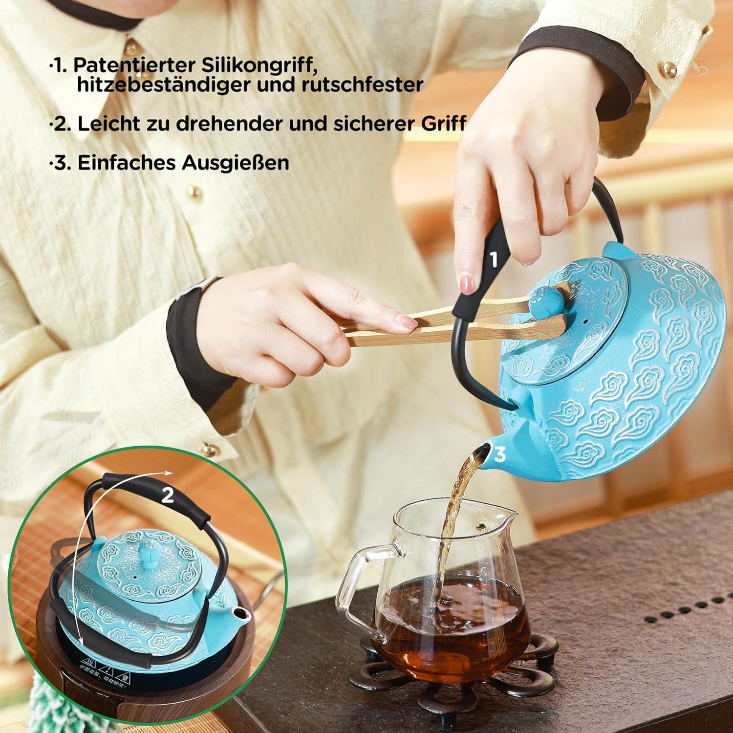 Teekanne Gusseisen japanisch Teesieb 800 ml Wolkenmuster Himmelblau