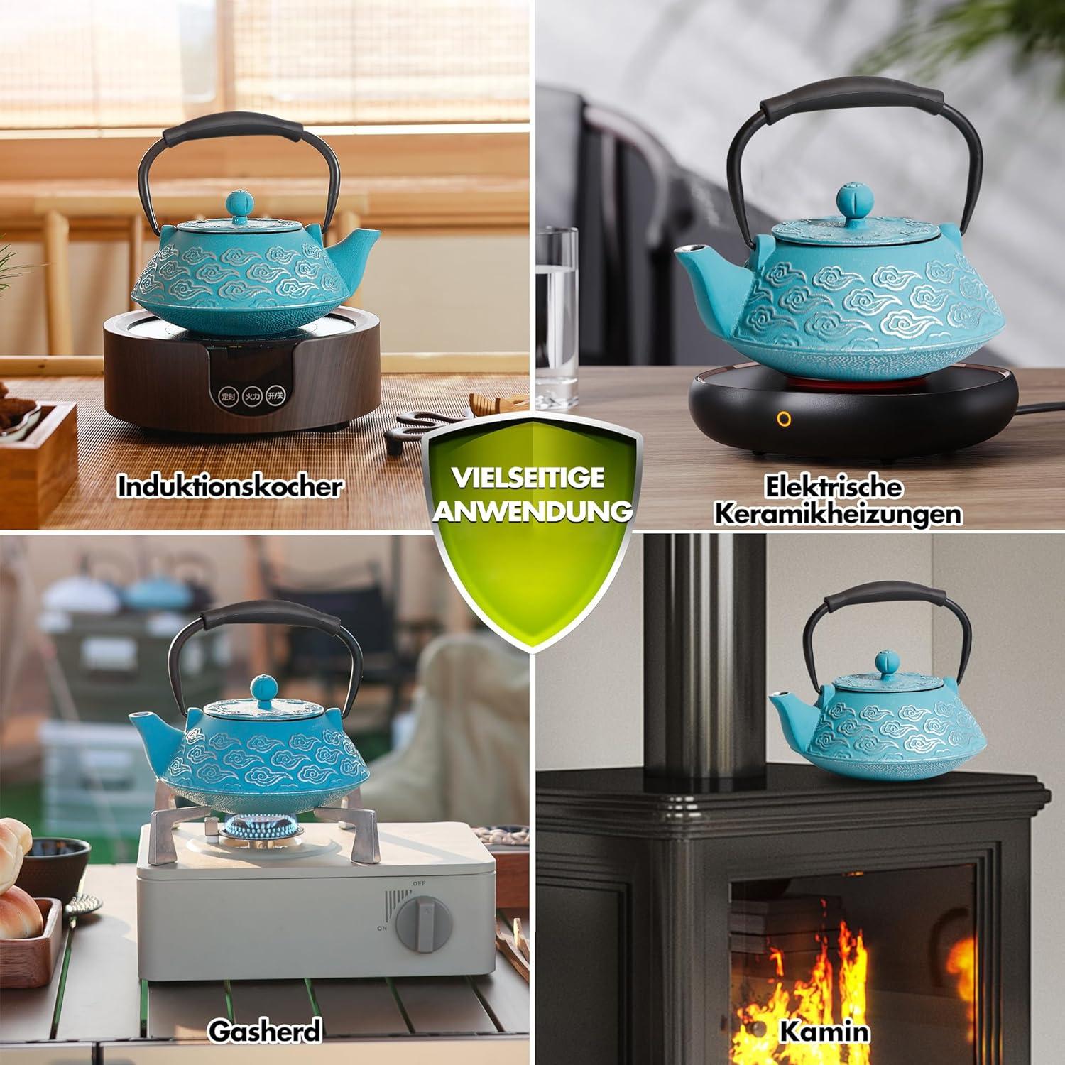 Japanische Teekanne Gusseisen mit Teesieb 800 ml Wolkenmuster Sky-blue