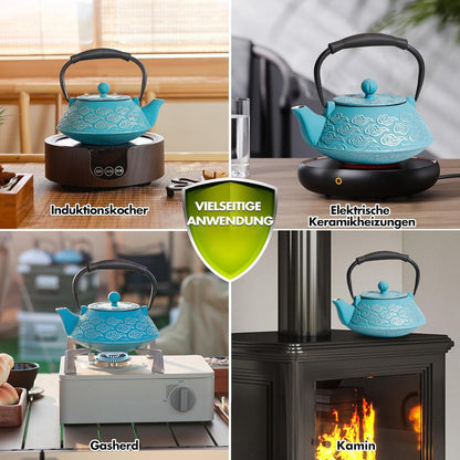 Japanische Teekanne Gusseisen mit Teesieb 800 ml Wolkenmuster Sky-blue