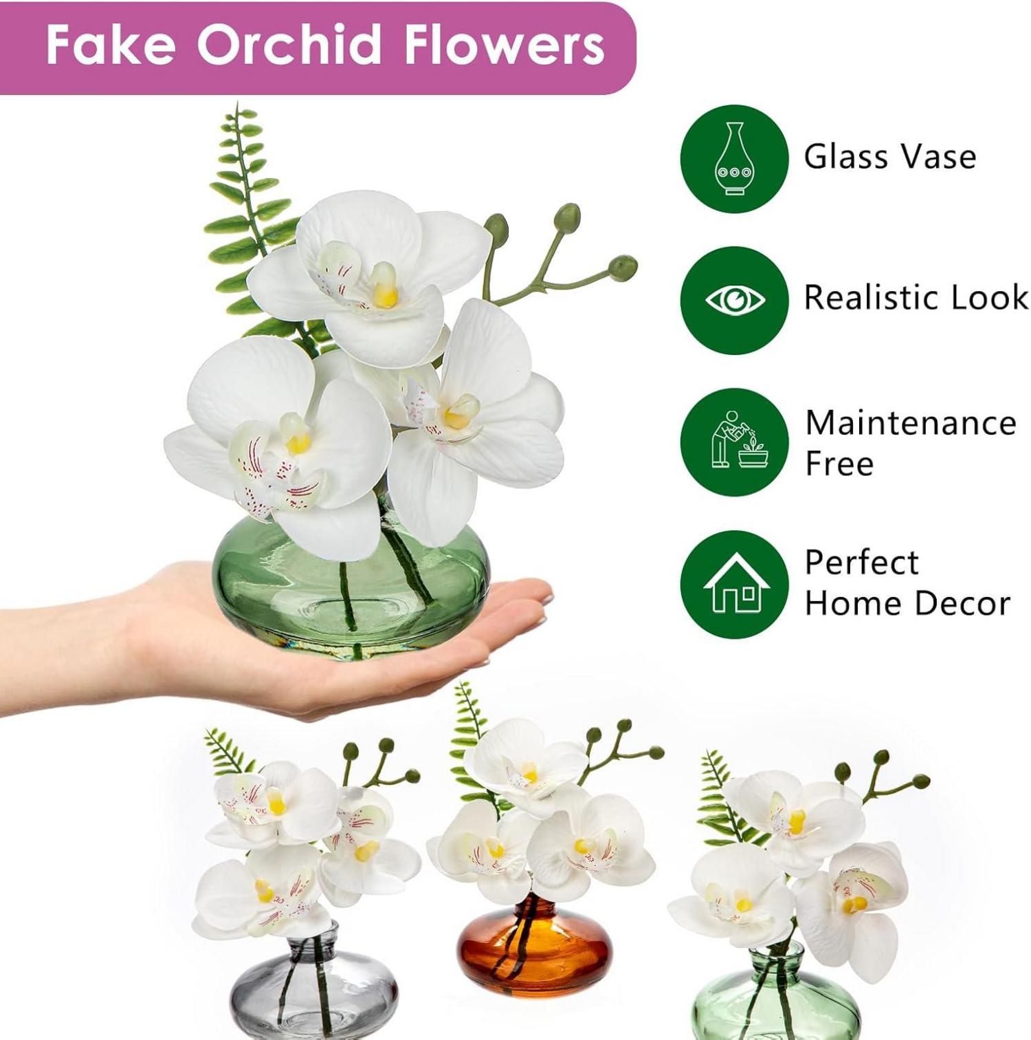 3er Set Künstliche Orchideen Dekoblumen mit Glasvase