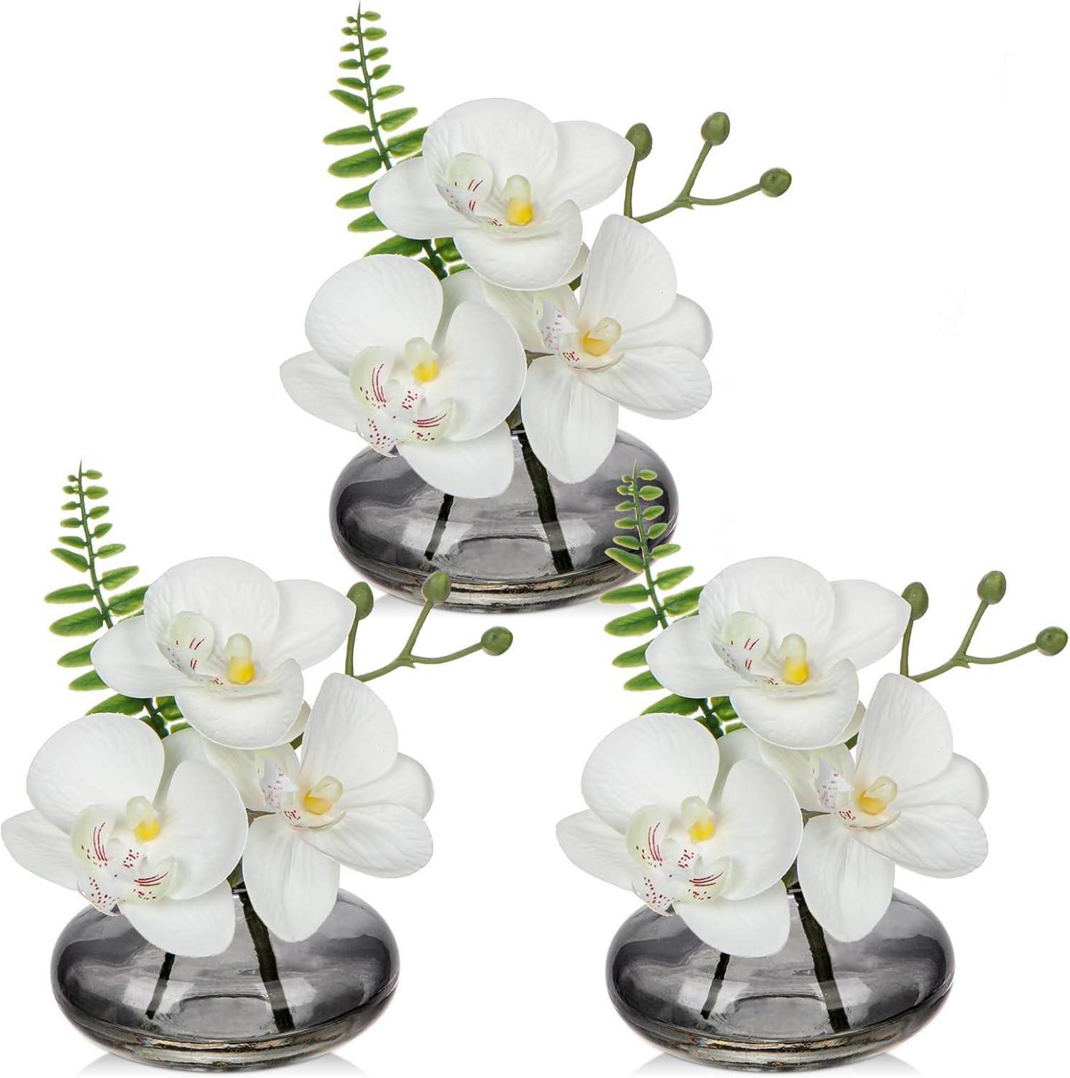 3er Set Künstliche Orchideen Kunstblumen mit Glasvase Weiss