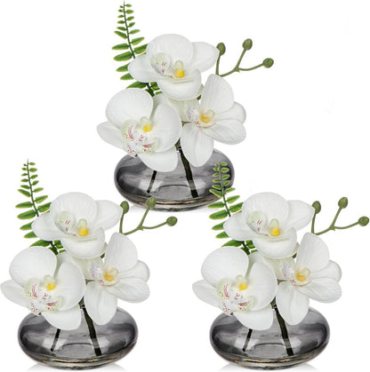 3er Set Künstliche Orchideen Kunstblumen mit Glasvase Weiss