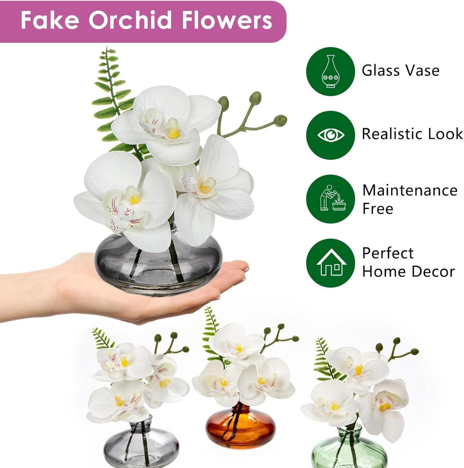 3er Set Künstliche Orchideen Kunstblumen mit Glasvase Weiss