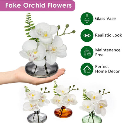 3er Set Künstliche Orchideen Kunstblumen mit Glasvase Weiss